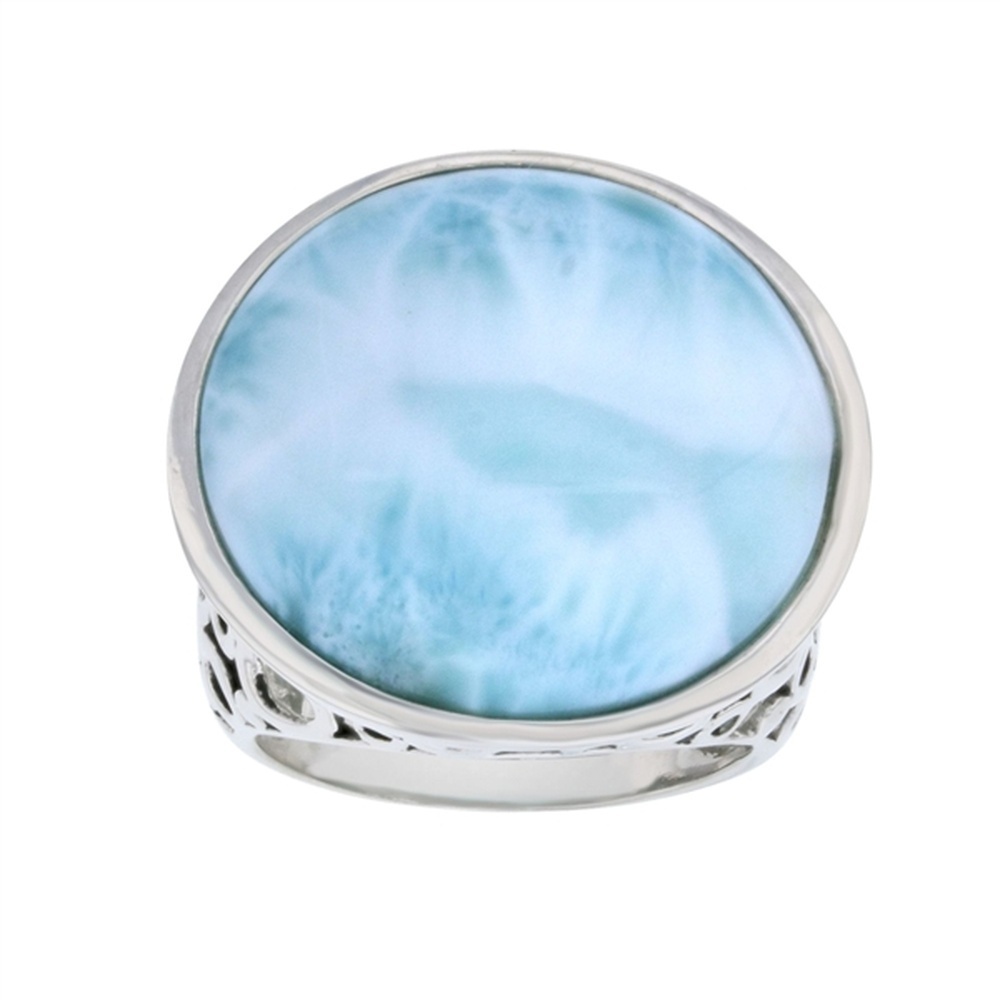 925 Sterling Silver Larimar Round 20mm w Cutout Circles Side Ring 8.2 gm